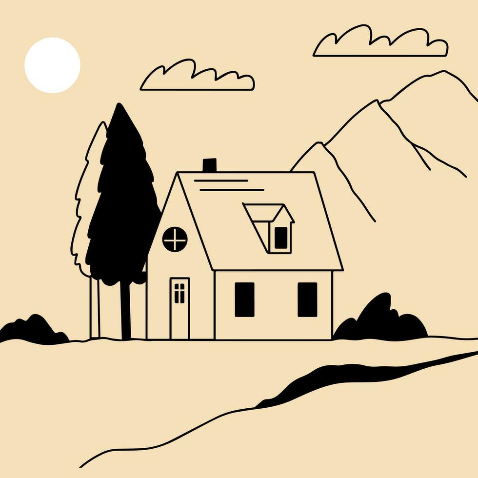 paisaje. rancho, casa en el montaña, granja, prado, casa, árbol, camino, montaña. mano dibujado vector ilustración. minimalista panorámico estudiar de el campo. icono, logo, imprimir, póster plantillas