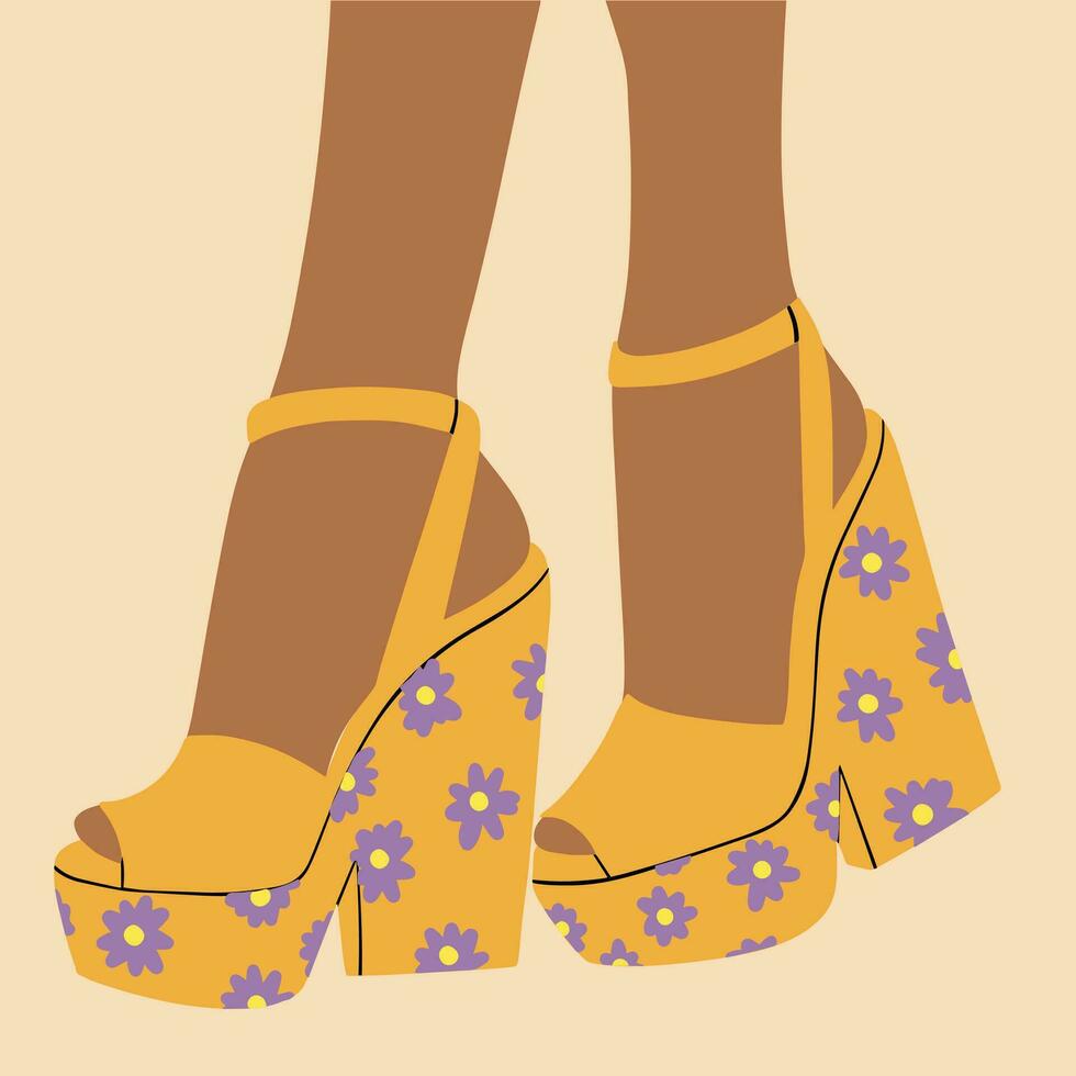Fashionable women's platform sandals, high heels. Summer footwear. Vector illustration in cartoon style.