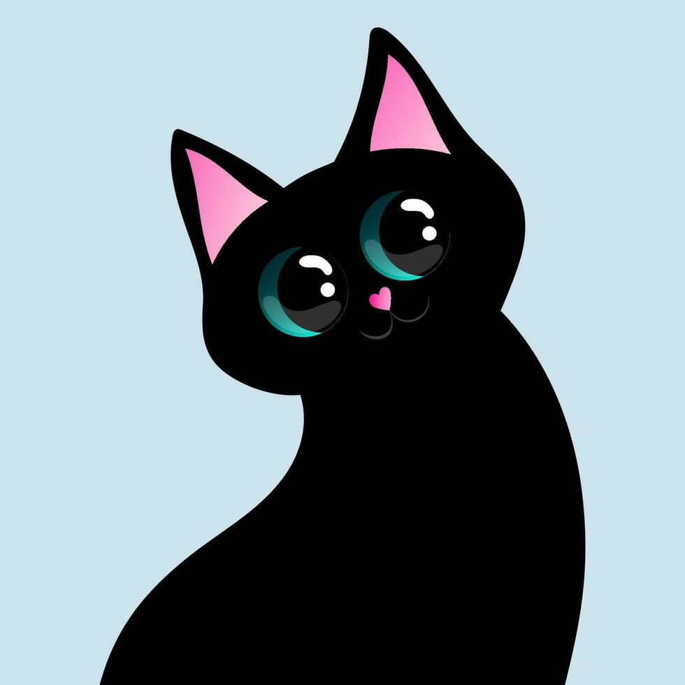 Cartoon black cat with big eyes. Design for print, sticker, party decoration, logo, emblem, magazine prints or journal article, t-shirt design, poster. Vector illustration