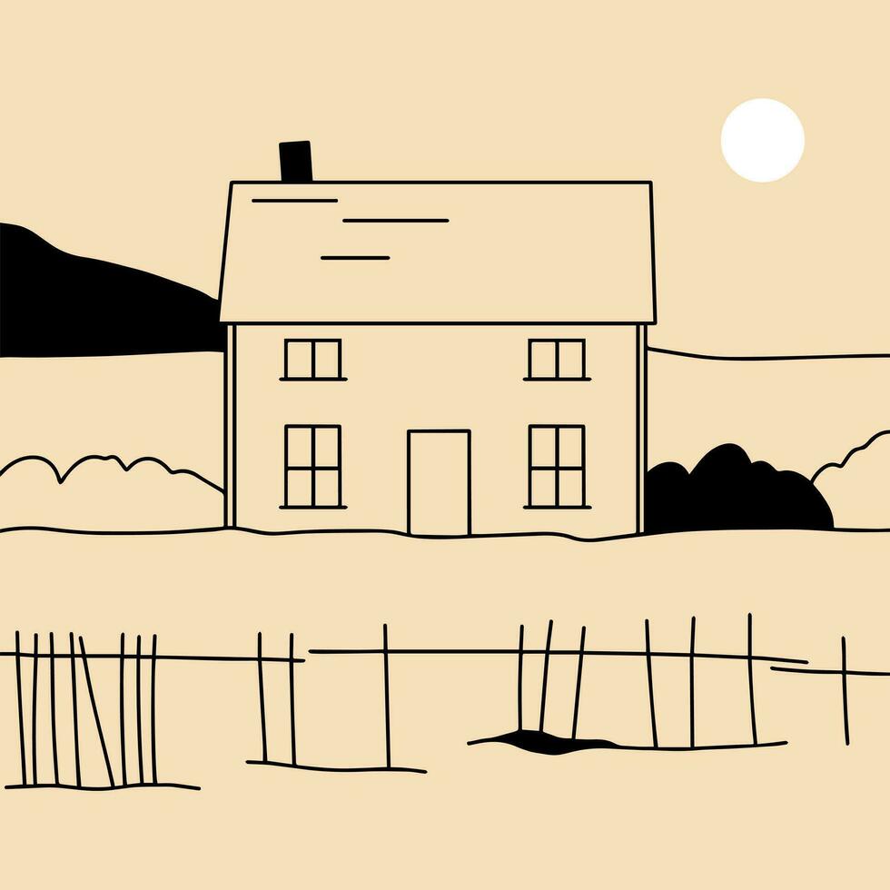 paisaje. rancho, casa en el montaña, granja, prado, casa, árbol, camino, montaña. mano dibujado vector ilustración. minimalista panorámico estudiar de el campo. icono, logo, imprimir, póster plantillas