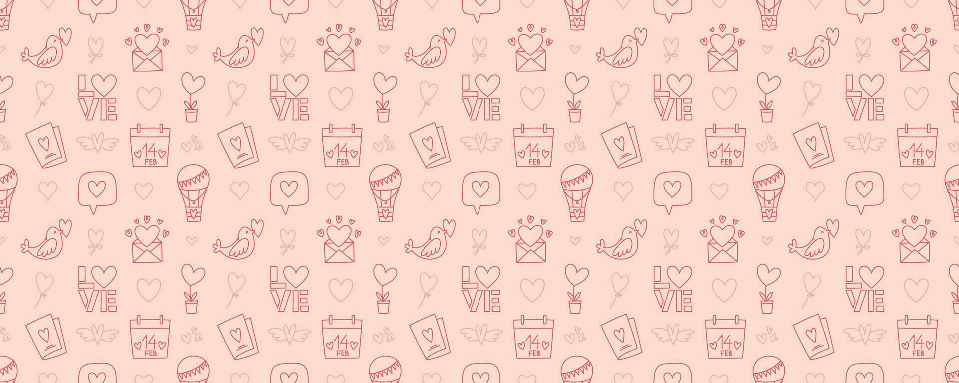 Valentines Day doodle style seamless pattern, hand-drawn love theme icons background. Romantic mood cute symbols and elements collection. vector