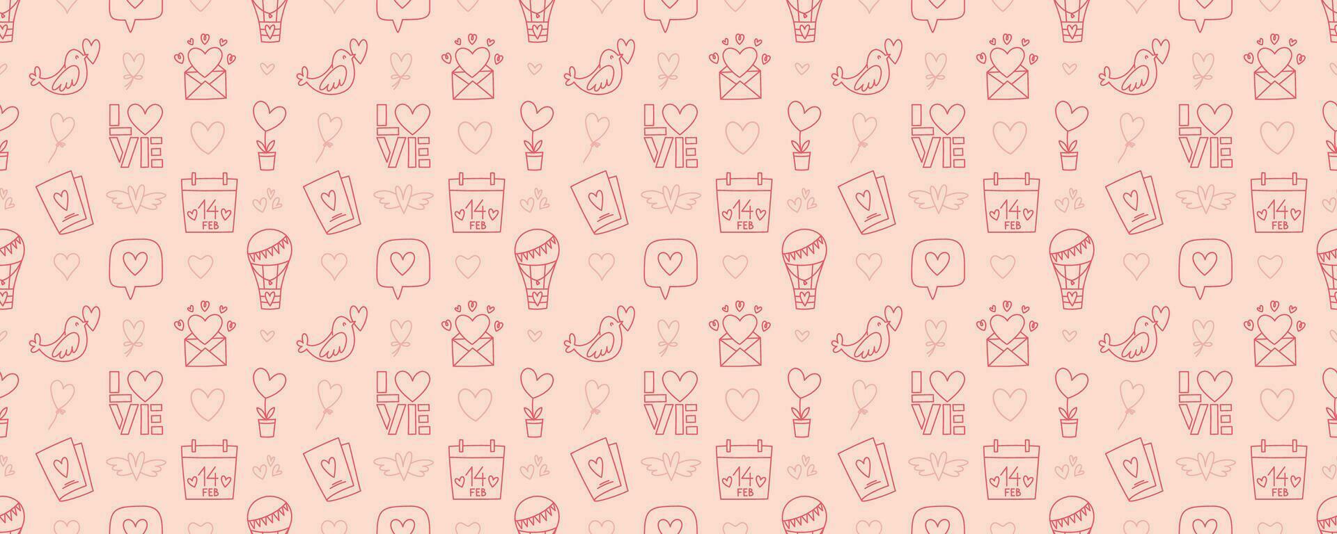 Valentines Day doodle style seamless pattern, hand-drawn love theme icons background. Romantic mood cute symbols and elements collection. vector