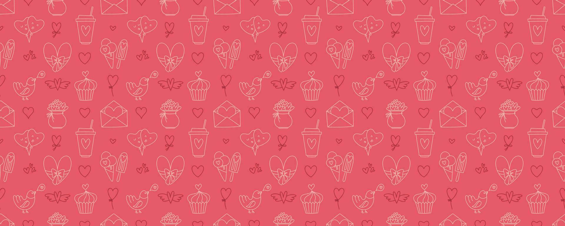 Valentines Day doodle style seamless pattern, hand-drawn love theme icons background. Romantic mood cute symbols and elements collection. vector