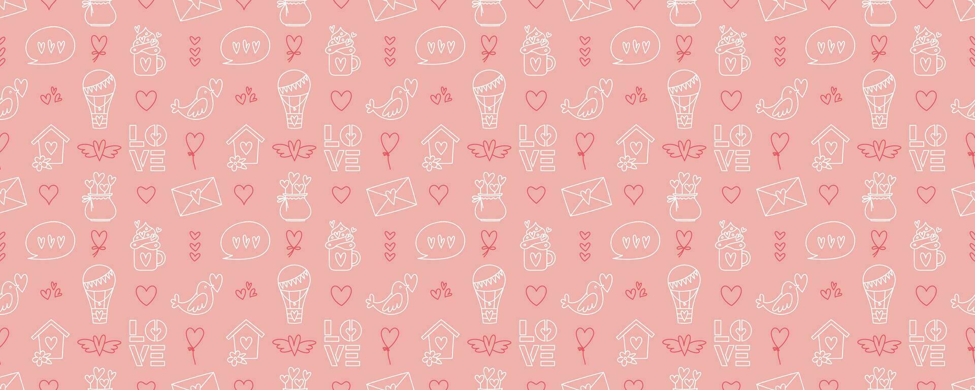 Valentines Day doodle style seamless pattern, hand-drawn love theme icons background. Romantic mood cute symbols and elements collection. vector