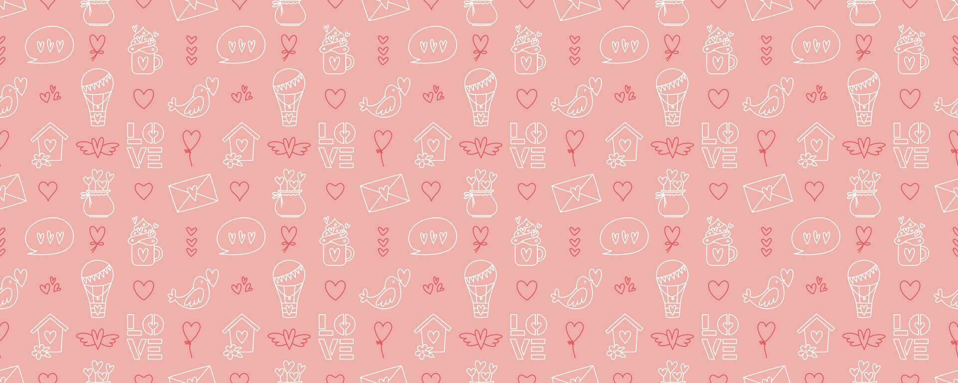 Valentines Day doodle style seamless pattern, hand-drawn love theme icons background. Romantic mood cute symbols and elements collection. vector