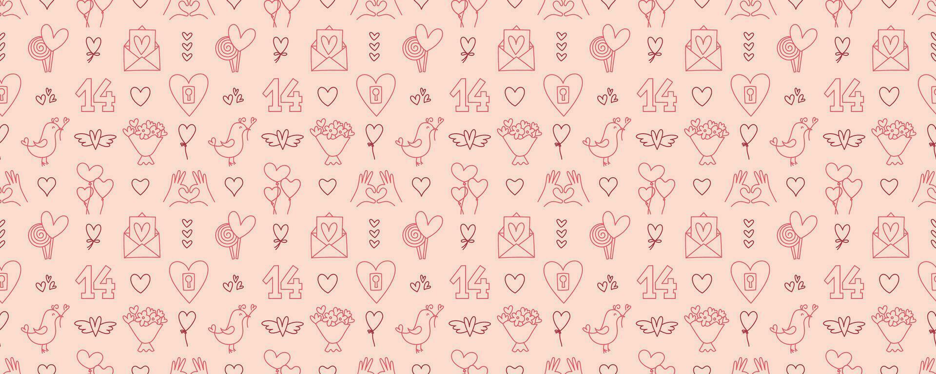 Valentines Day doodle style seamless pattern, hand-drawn love theme icons background. Romantic mood cute symbols and elements collection. vector