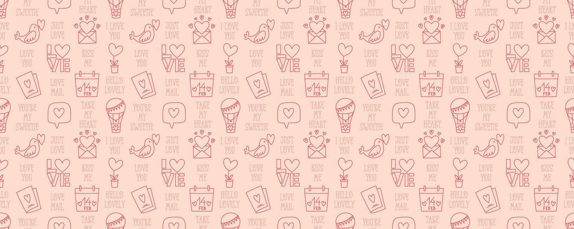 Valentines Day doodle style seamless pattern, hand-drawn love theme icons and quotes background. Romantic mood cute symbols and elements collection. vector