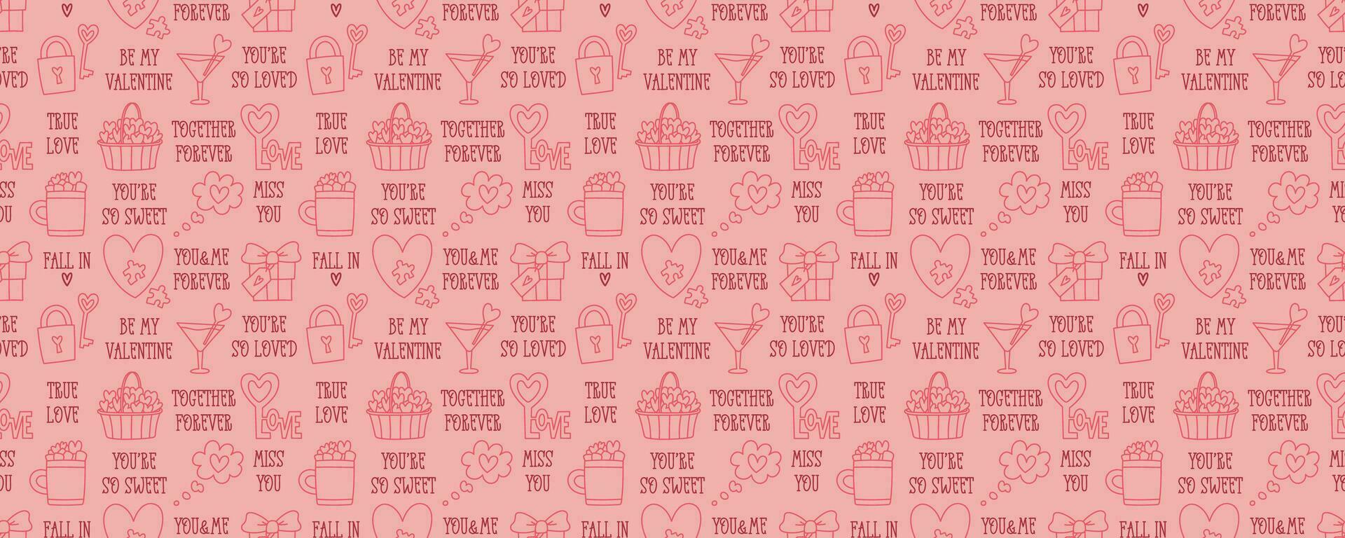 Valentines Day doodle style seamless pattern, hand-drawn love theme icons background. Romantic mood cute symbols and elements collection. vector