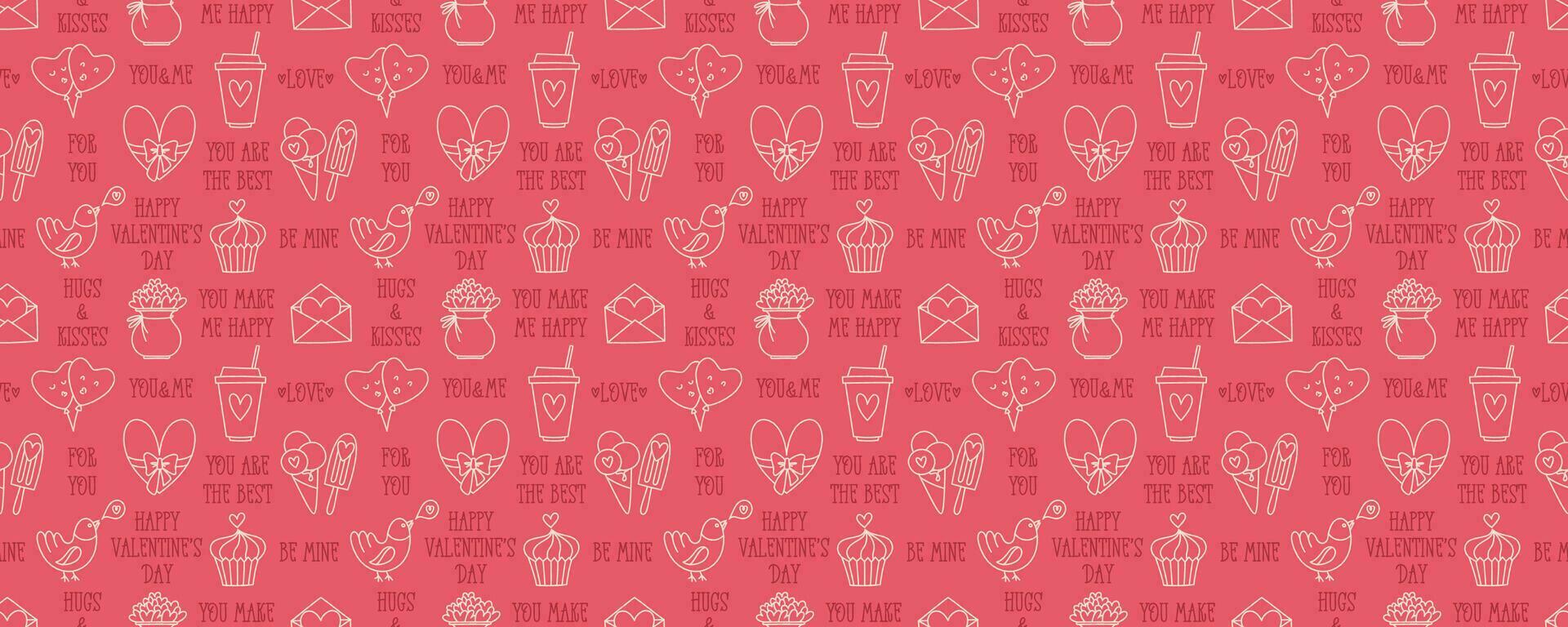 Valentines Day doodle style seamless pattern, hand-drawn love theme icons and quotes background. Romantic mood cute symbols and elements collection. vector