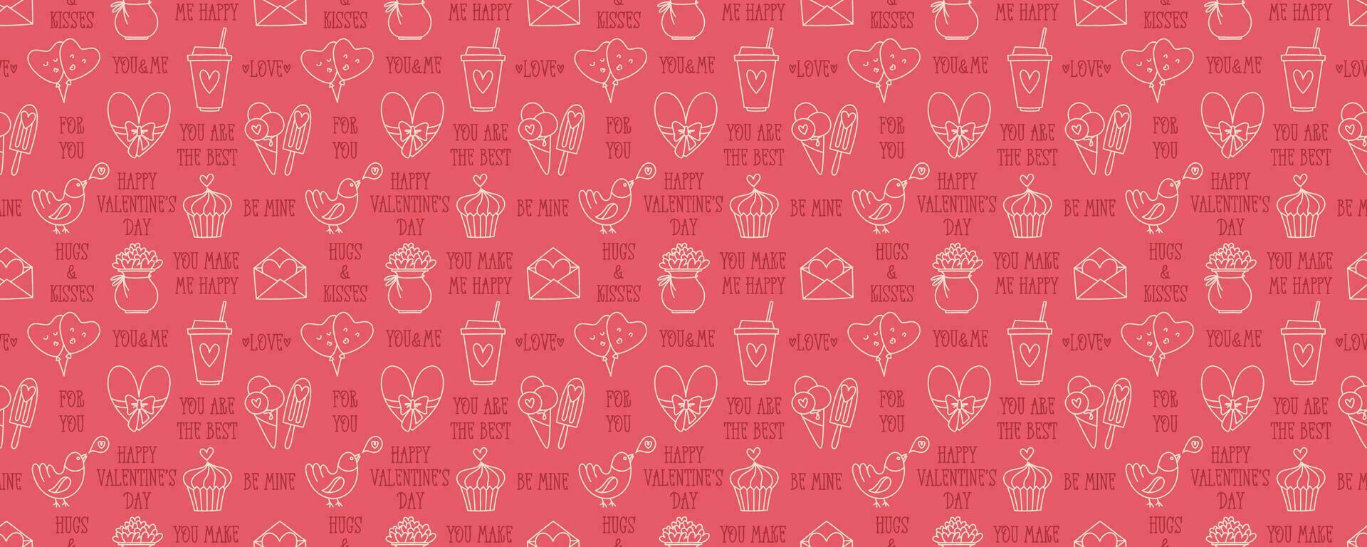 Valentines Day doodle style seamless pattern, hand-drawn love theme icons and quotes background. Romantic mood cute symbols and elements collection. vector