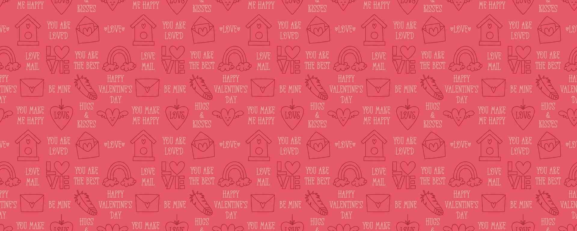 Valentines Day doodle style seamless pattern, hand-drawn love theme icons and quotes background. Romantic mood cute symbols and elements collection. vector