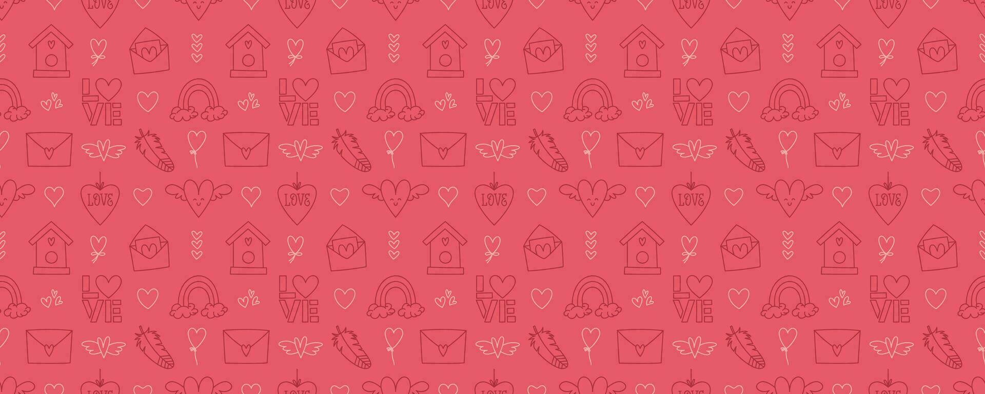 Valentines Day doodle style seamless pattern, hand-drawn love theme icons background. Romantic mood cute symbols and elements collection. vector