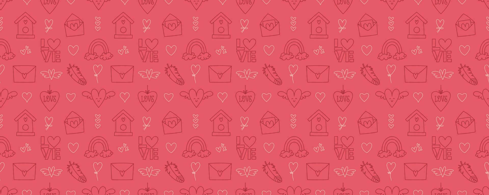 Valentines Day doodle style seamless pattern, hand-drawn love theme icons background. Romantic mood cute symbols and elements collection. vector