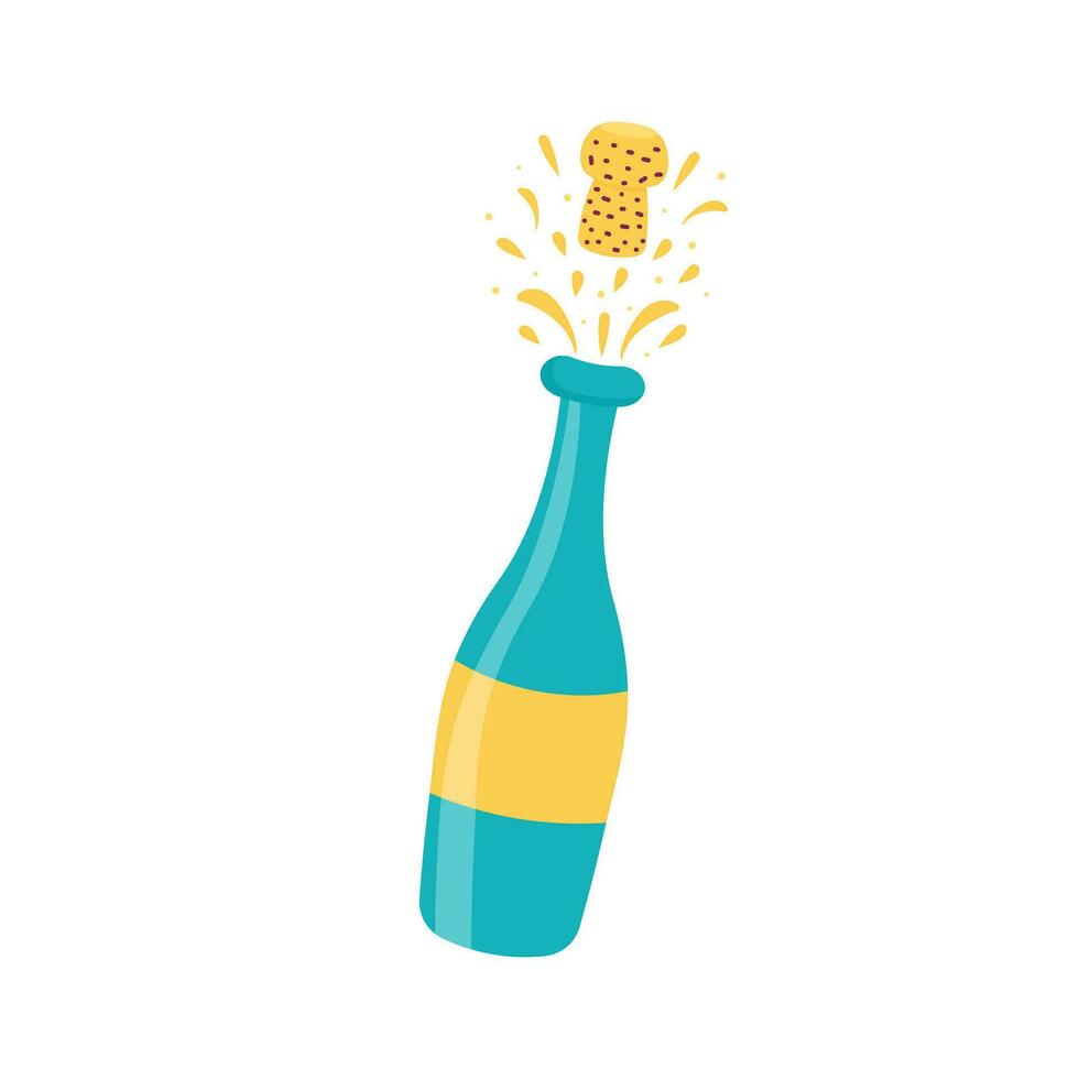 Champagne bottle with flying cork and splashes. Vector illustration isolated on white background.
