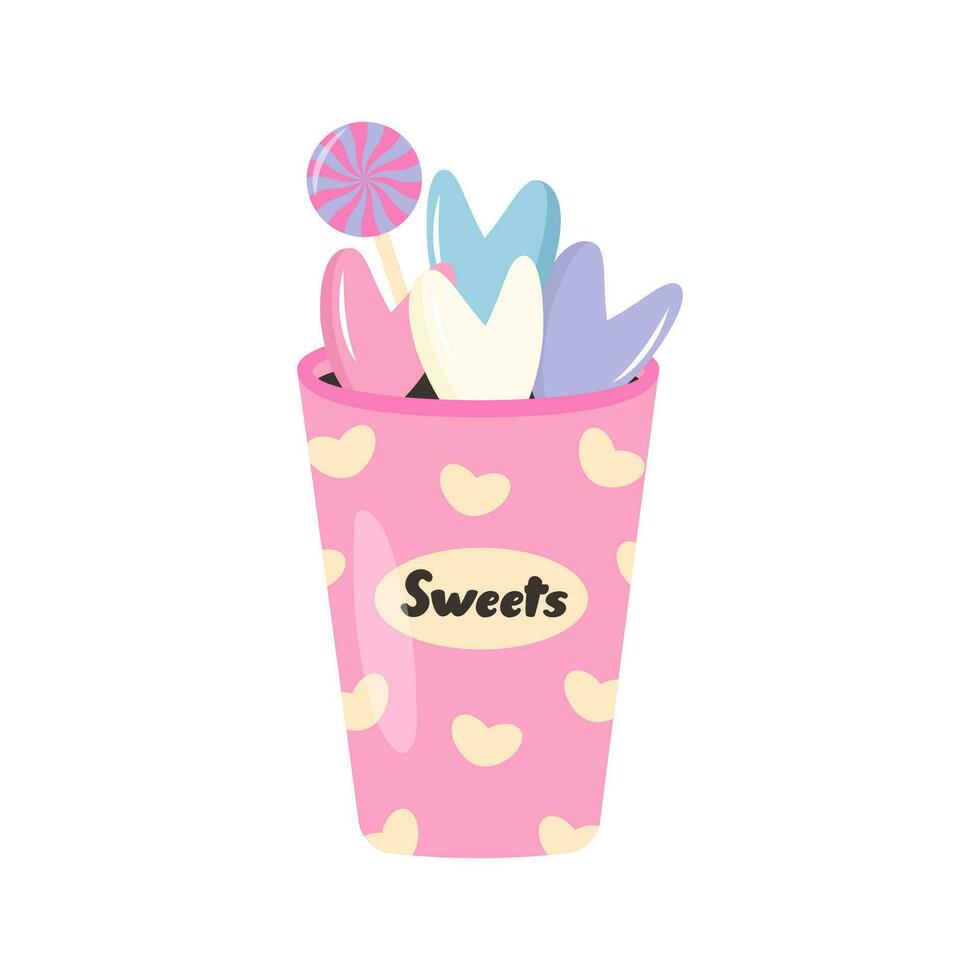 Glass of sweets. Heart-shaped candies and spiral lollipop. vector