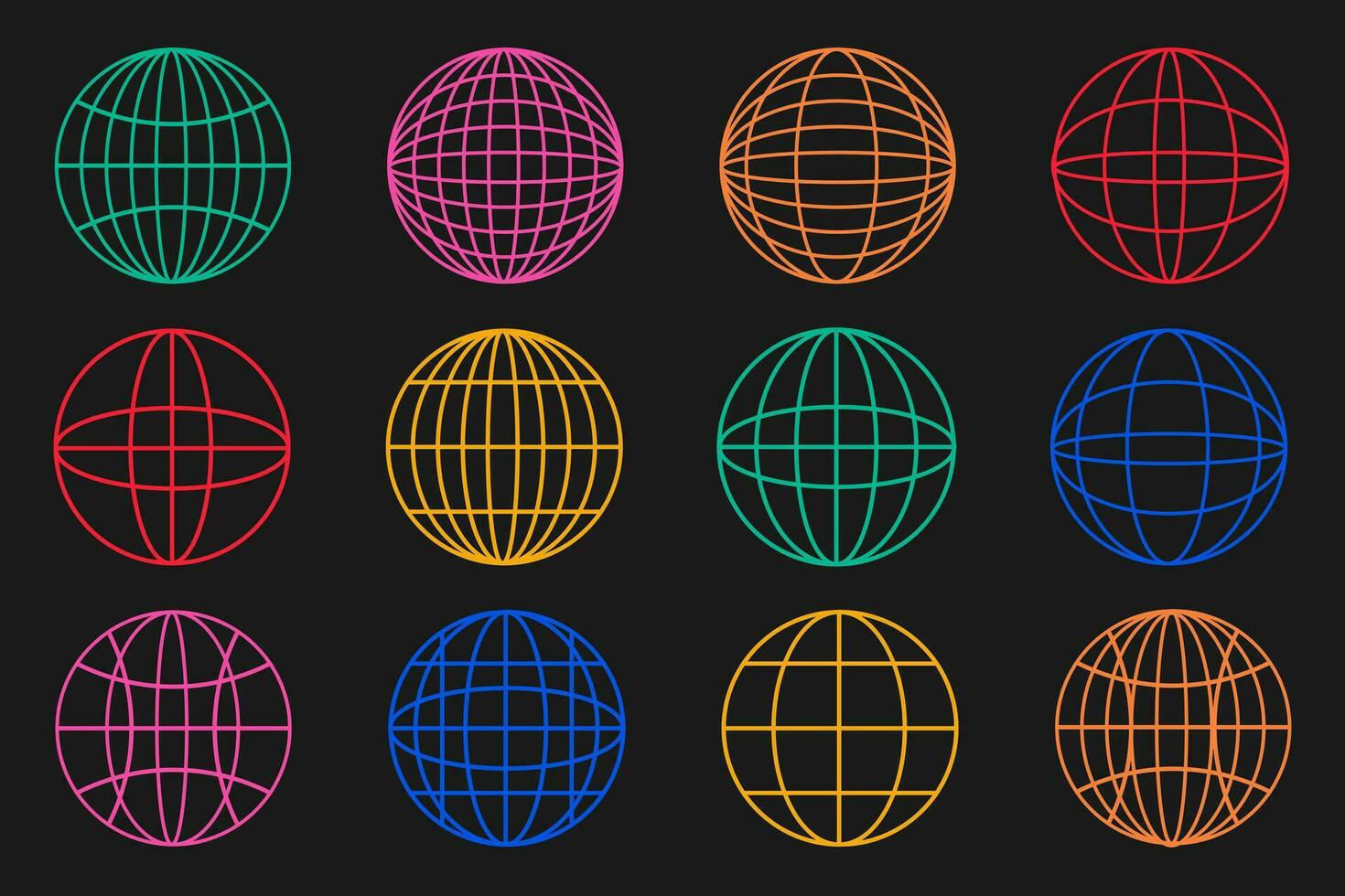 Abstract graphic geometric symbols and objects in y2k style. Colorful retro futuristic sticker. Planets vector y2k illustration