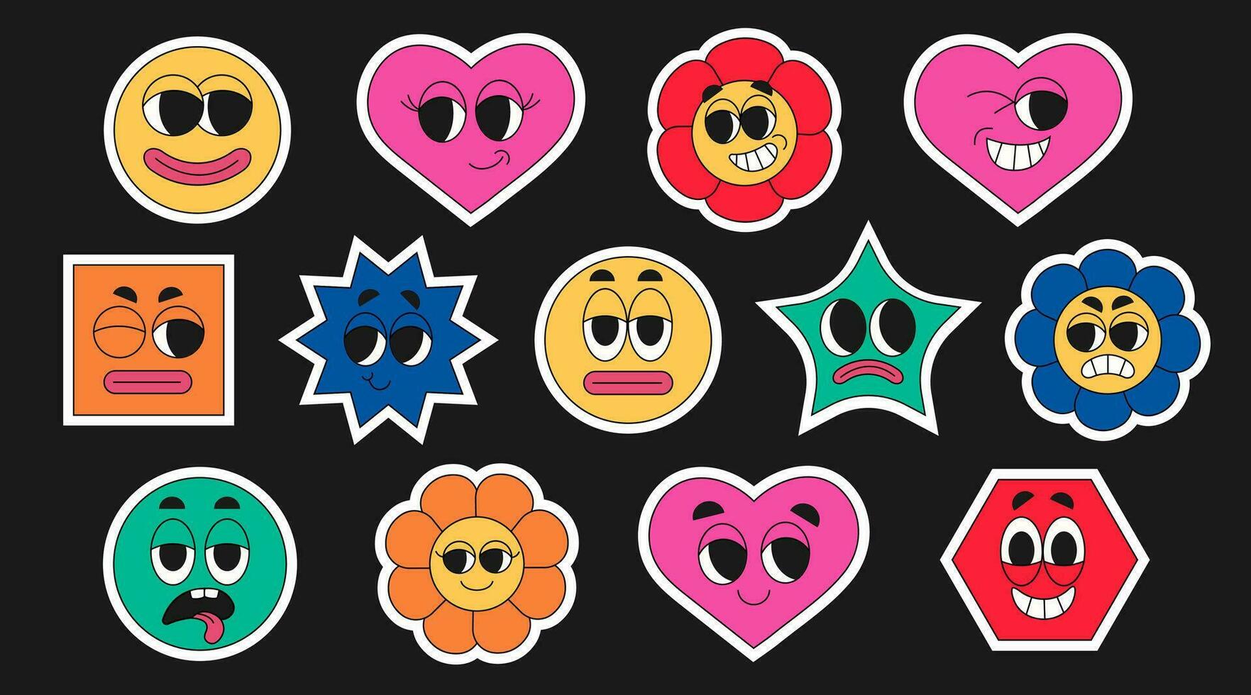 Sticker retro y2k pack set. Funny smiling happy face colorful sticker label. Cool Trendy Y2k style. Vector illustration of 70s groove elements