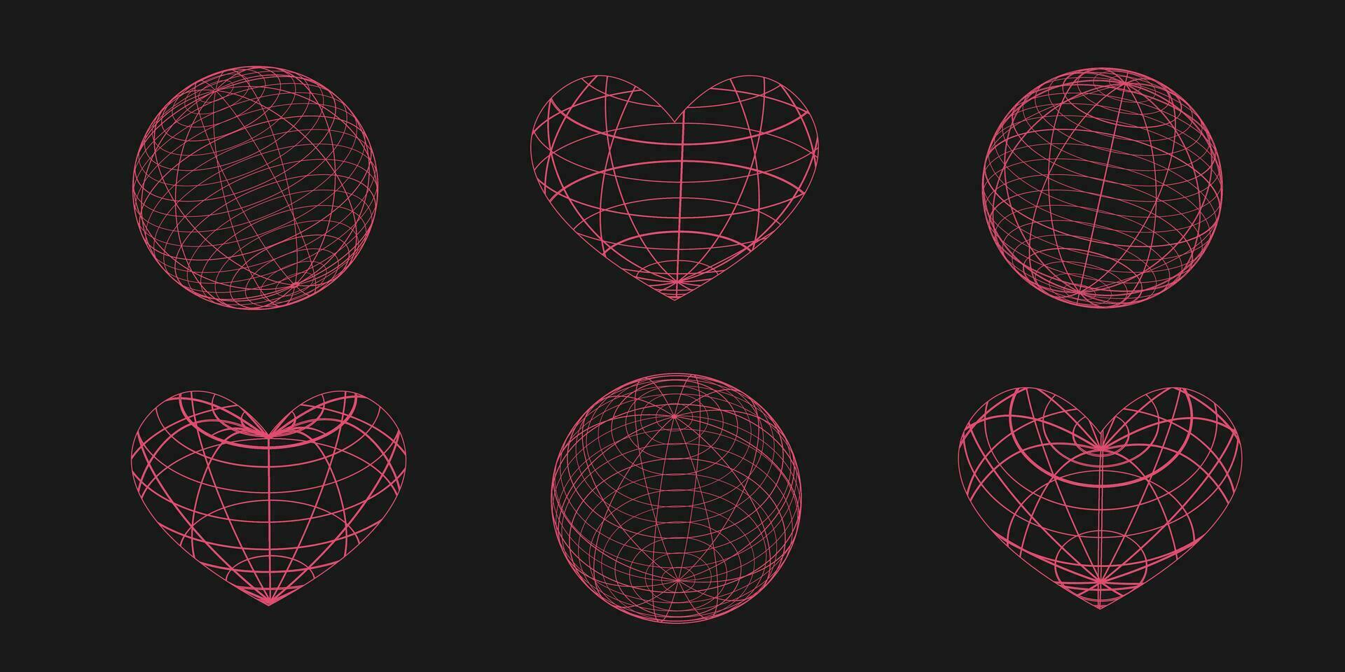 3D hearts and planet in trendy retro futuristic style. Abstract graphic geometric symbols and objects in y2k style. Geometry wireframe shapes. vector