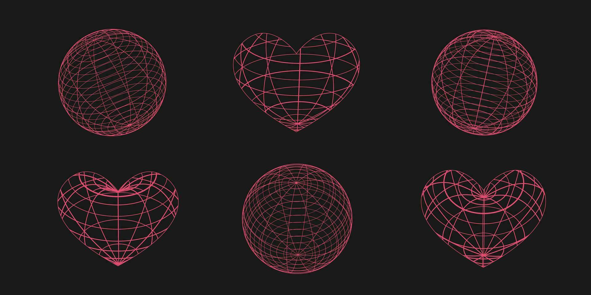 3D hearts and planet in trendy retro futuristic style. Abstract graphic geometric symbols and objects in y2k style. Geometry wireframe shapes. vector