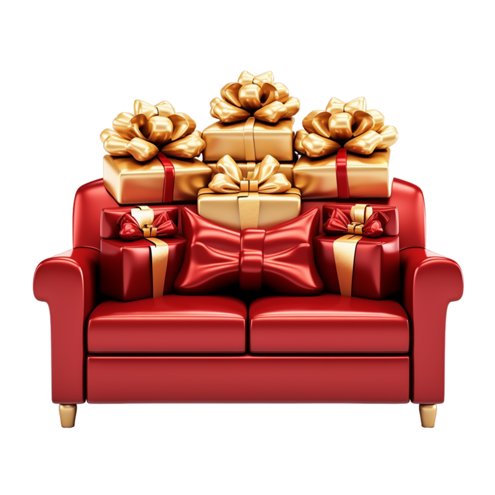 AI generated Comfortable Red And Golden Armchair With A Christmas Present png