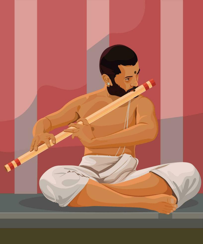 Indian musician playing flute instrument vector