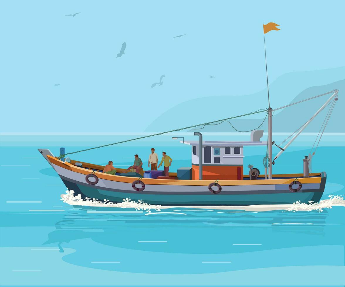 Colorful fishing boat on the ocean vector