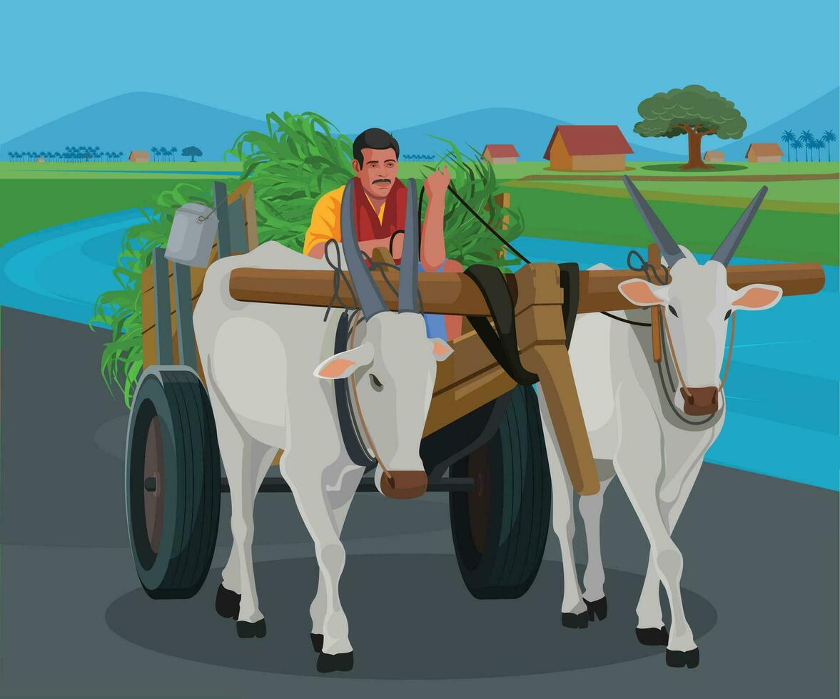 farmer riding a bullock cart Indian village vector