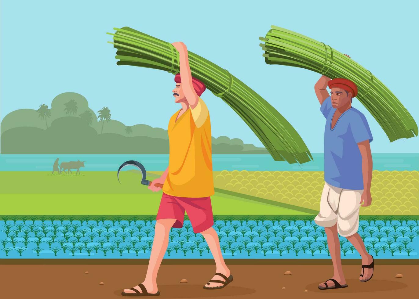 Farmer carrying crop on head landscape vector