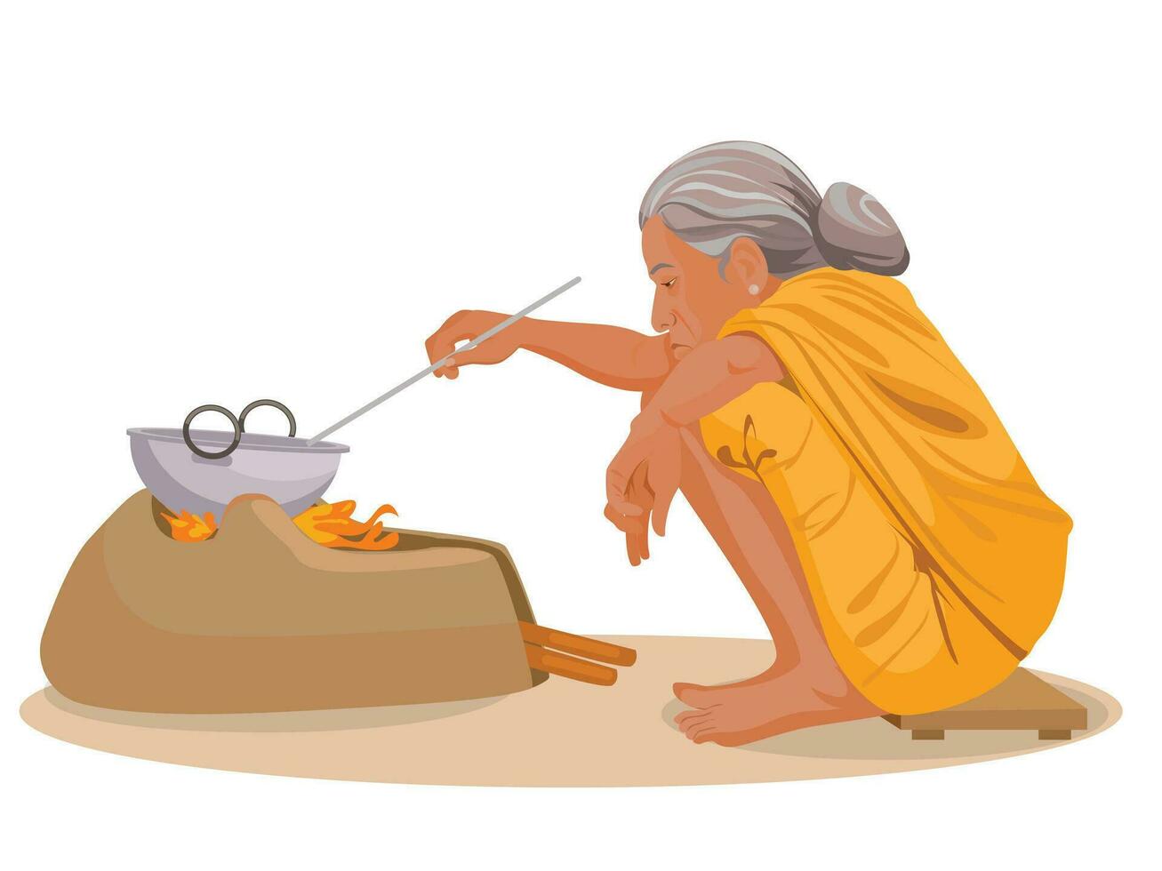 Indian Old Woman Making Or Cooking Food In an Ancient Or Old Kitchen vector