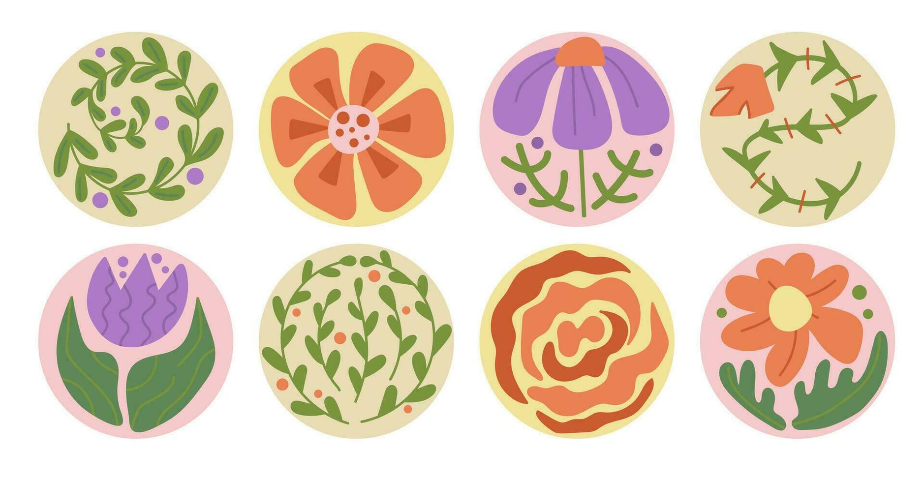 Set of drawn flowers. Groovy retro floral circle banner. Botanical modern sticker. Hand drawn design for wallpaper, wall decor, print, postcard, cover, template, banner. vector