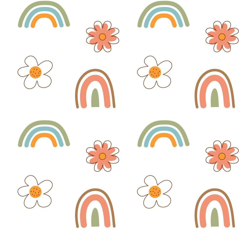 Boho seamless pattern. Cute flowers and scandinavian rainbows background. vector