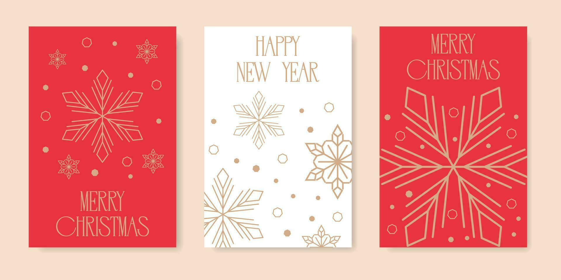 A set of Christmas cards with snowflakes in red and gold tones. vector