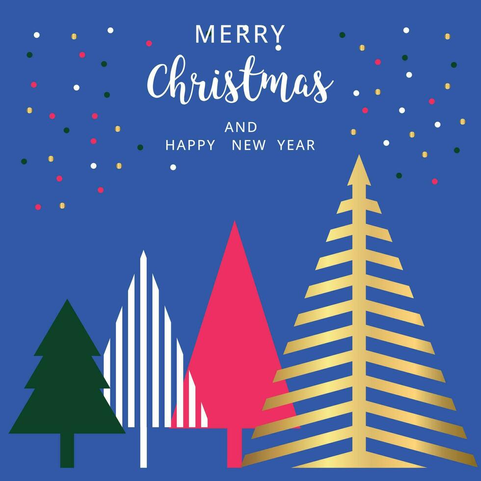 Postcard with abstract Christmas trees on a blue background. Happy New Year and Christmas. vector