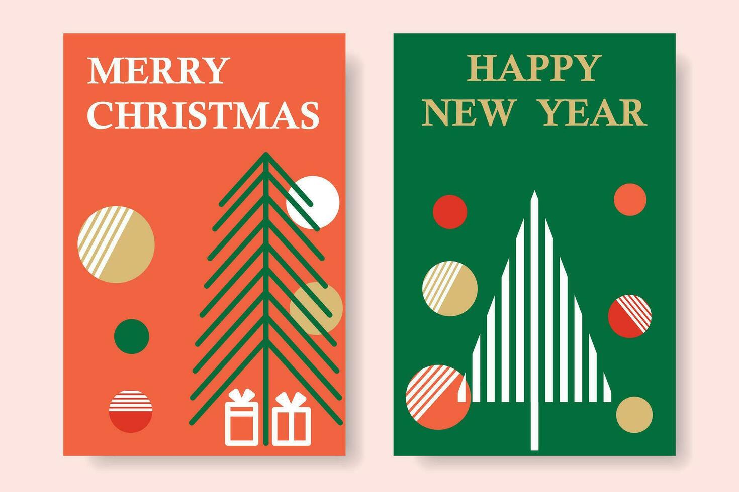New Year card design with a stylized Christmas tree and balls. Holiday posters Merry Christmas and Happy New Year. vector
