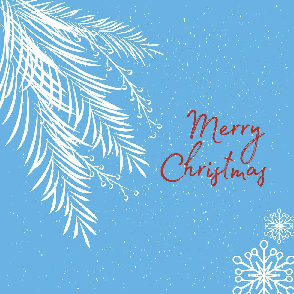 Postcard in modern style Merry Christmas and Happy New Year, with spruce branches and snowflakes. vector