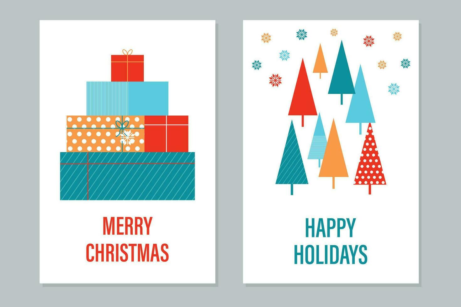 Merry Christmas holiday card. New Year card with gifts and Christmas trees. vector