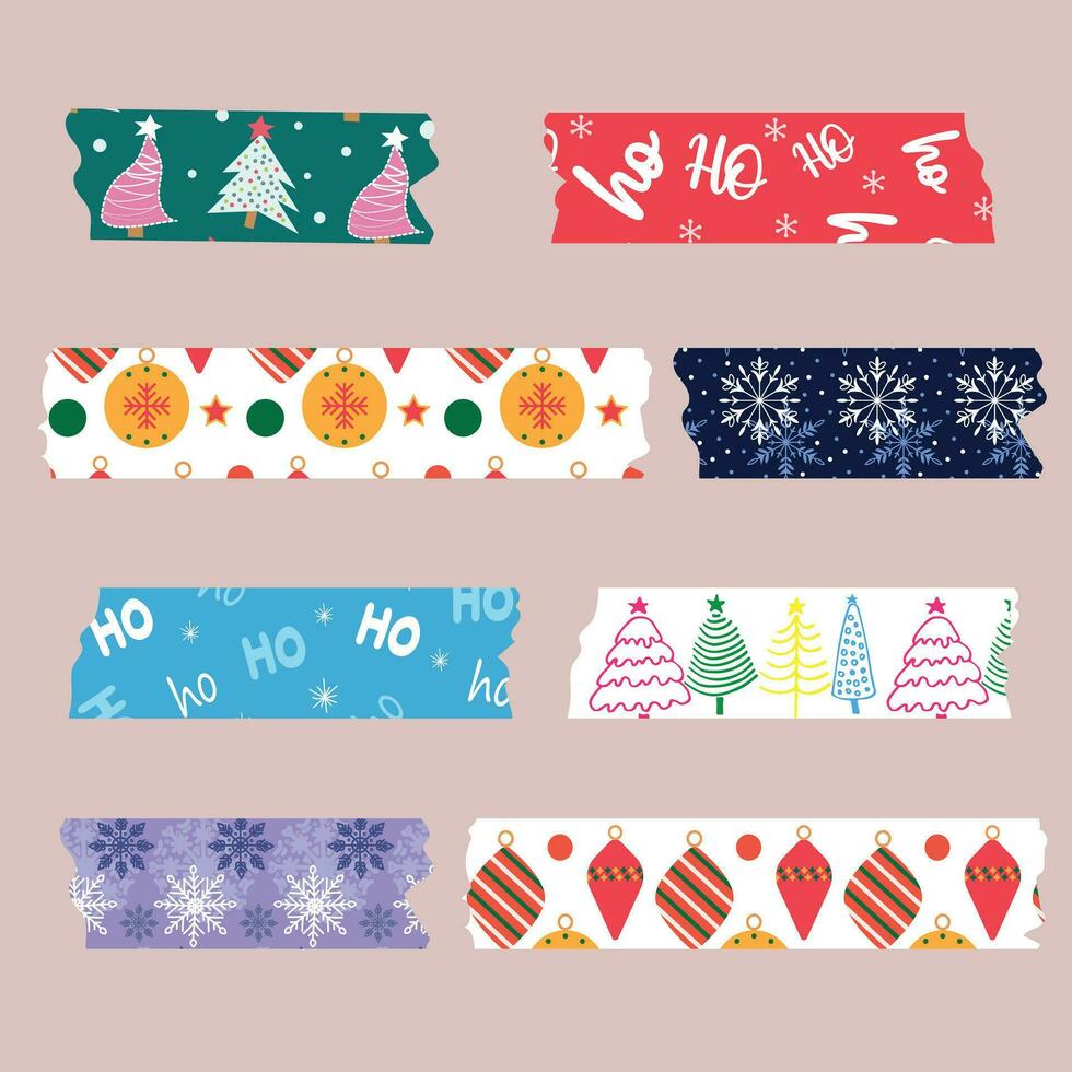 Vector set of Washi tapes in Christmas style. Masking tape or adhesive tapes for frames, scrapbooking, borders, web graphics, crafts.