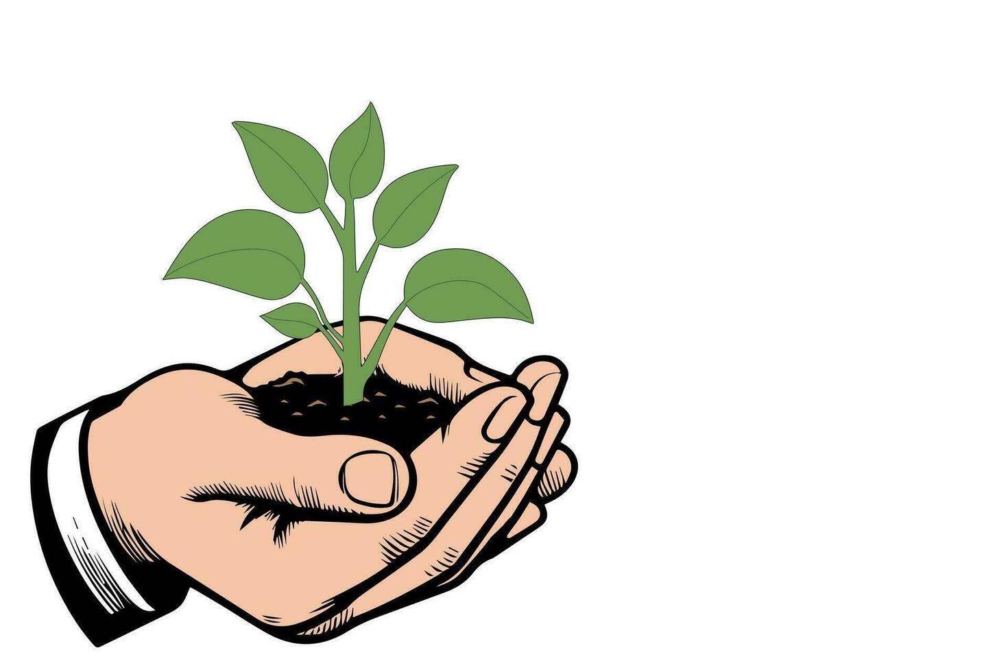 hand holding small tree for planting and Seedling in ground in palms with leaf growing in soil, eco environment care concept vector illustration isolated on white background
