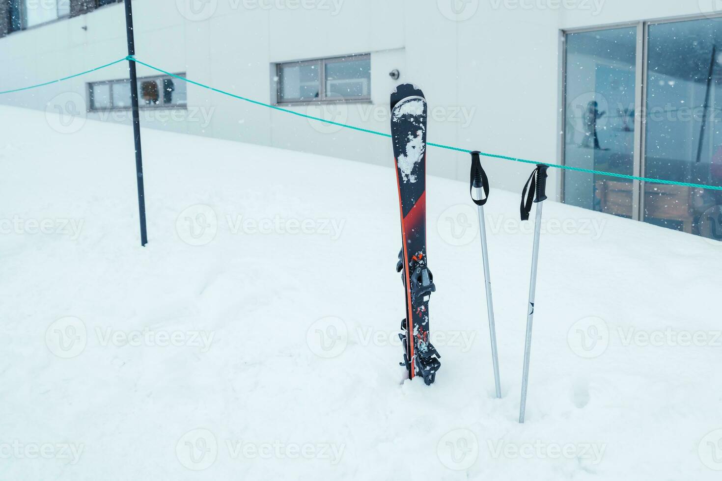 ski equipments  in winter season. Snow winter activity concept photo