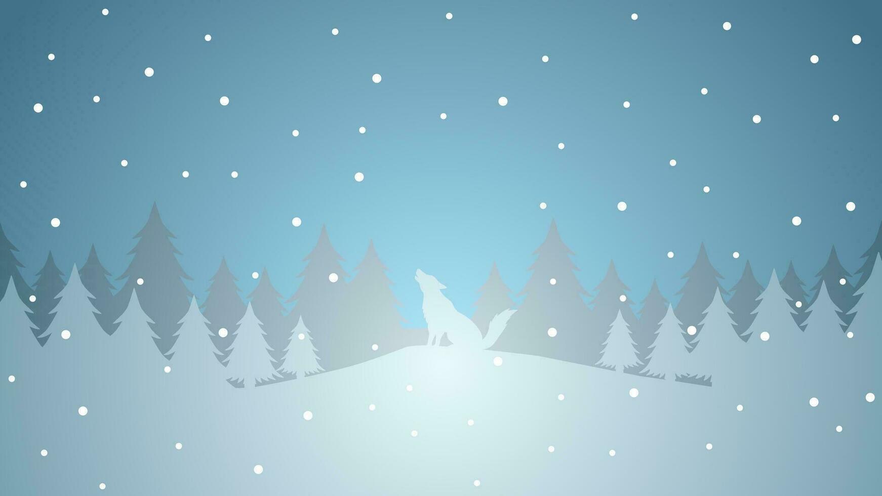invierno paisaje vector ilustración. invierno paisaje con lobo clamoroso y pino bosque en el nieve colina. frío temporada panorama para fondo, fondo de pantalla o ilustración