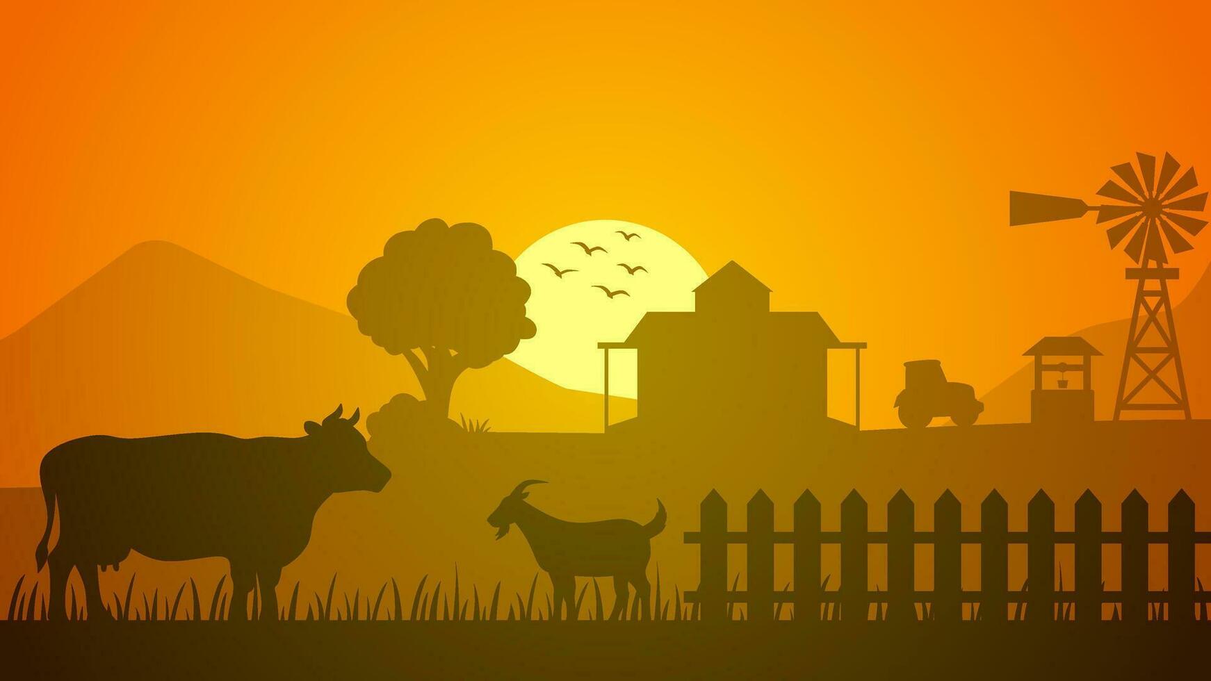 Farmland silhouette landscape vector illustration. Scenery of livestock and village in the countryside farm. Rural panorama for illustration, background or wallpaper