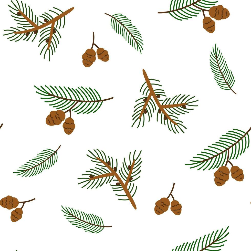 Fir tree branch seamless pattern. Spruce twig, conifer plant with green needles, wood cone. Winter seasonal coniferous sprig. Christmas holiday background. Flat vector illustration