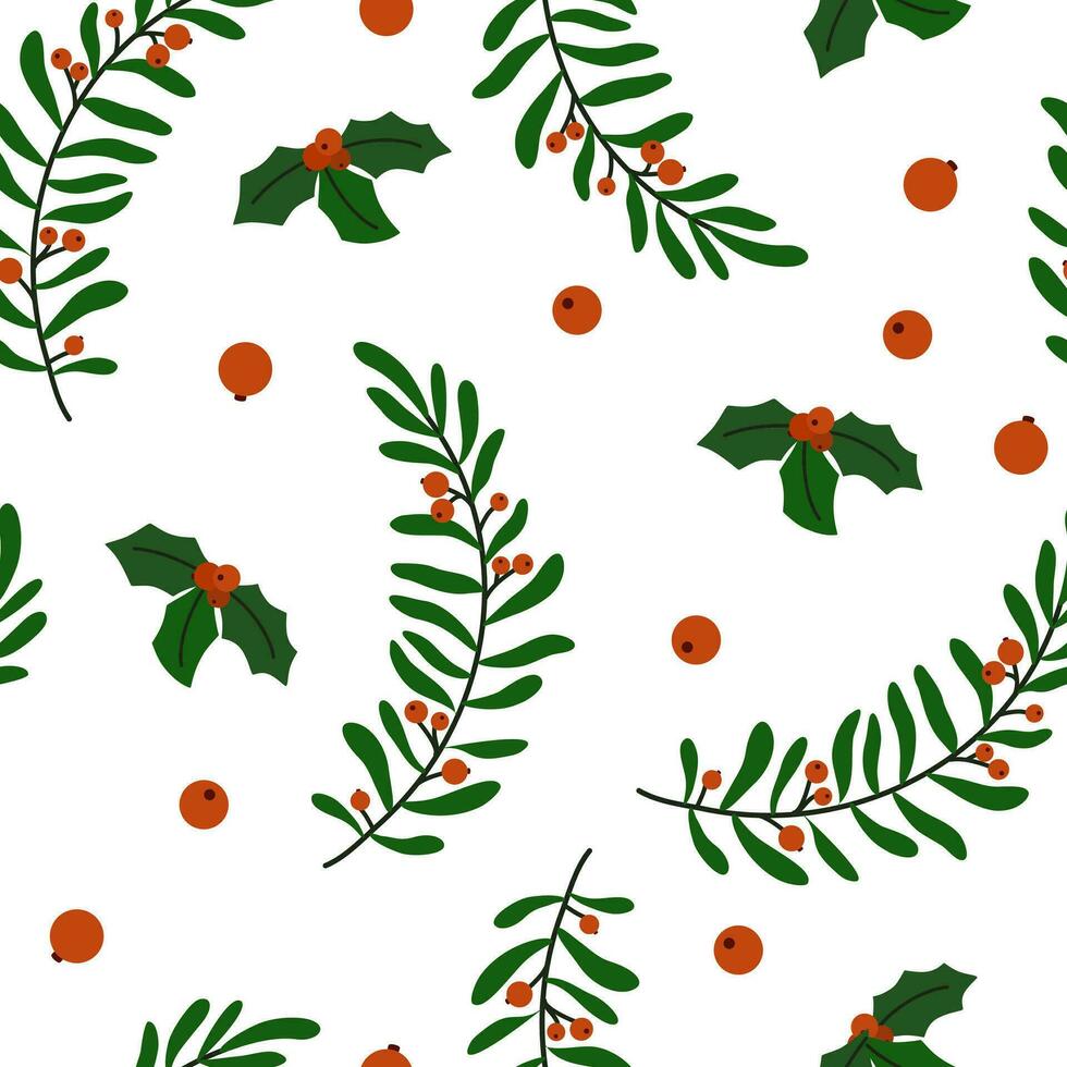 Christmas Tree branch with red berries seamless pattern. Winter seasonal coniferous sprig. Christmas holiday natural element. Flat vector illustration isolated