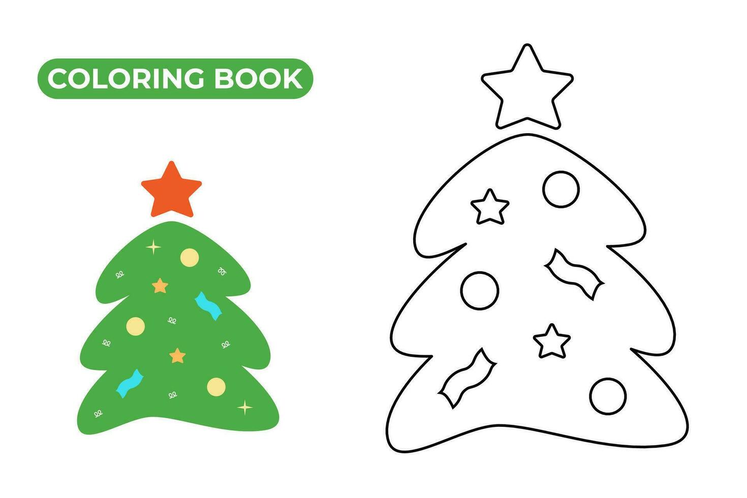 Christmas tree coloring book. Linear vector illustration of fir with new year decorations. Black and white drawing of holiday tree with festive balls and star.