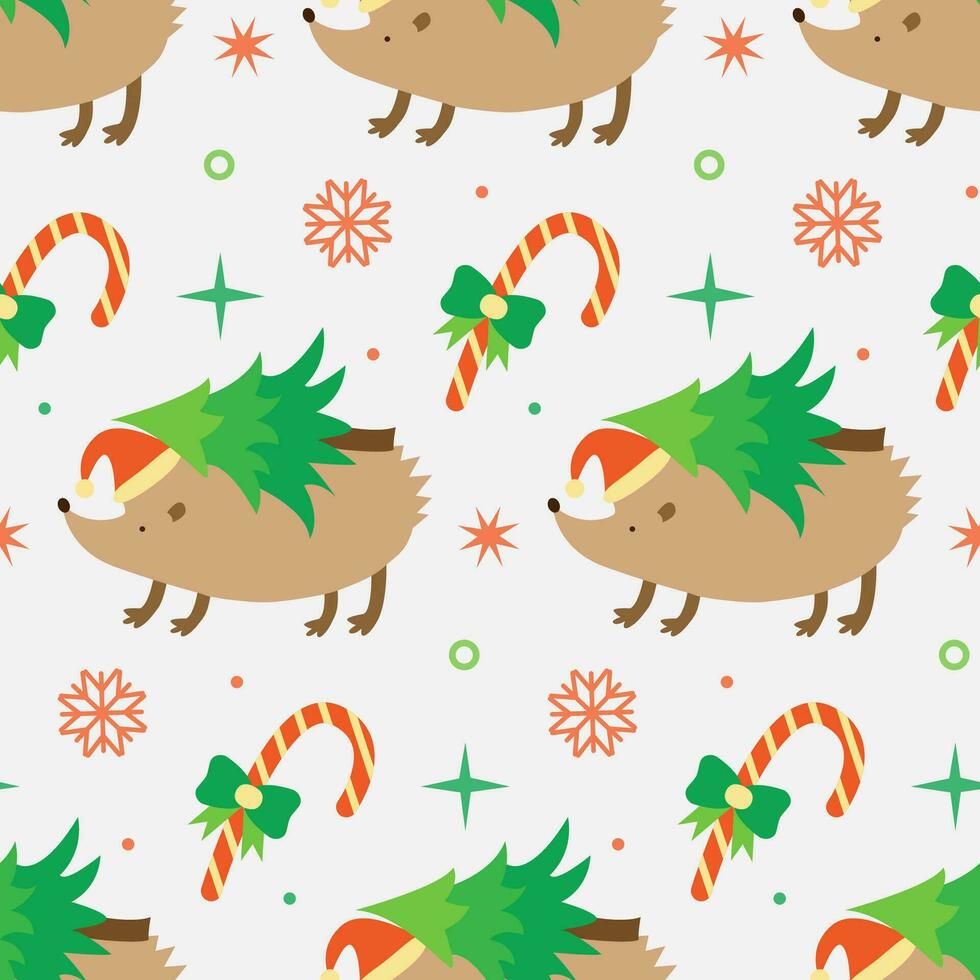 Hedgehog seamless pattern. Vector illustration of animal with holiday decorations. Drawing of hedgehog in new year hat with Christmas tree. Festive background with snowflakes and candy canes.