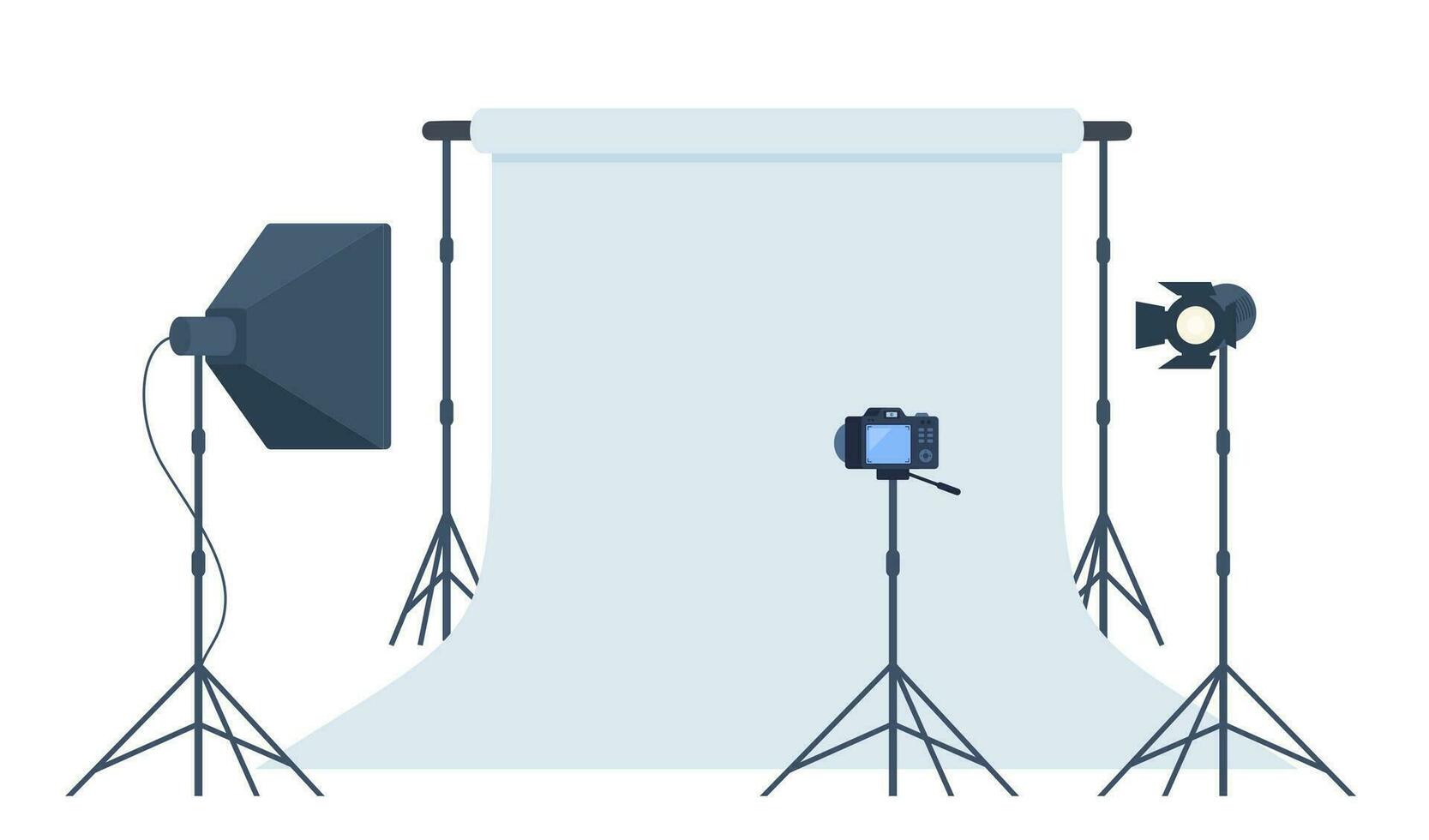 Photo studio with white blank background, soft box light, camera, spotlight. Professional equipment for photo and video shooting. Vector illustration.