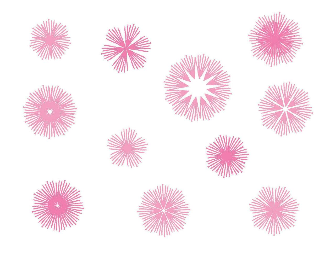 Set of patterned pink flowers on a white background. Pencil texture. vector