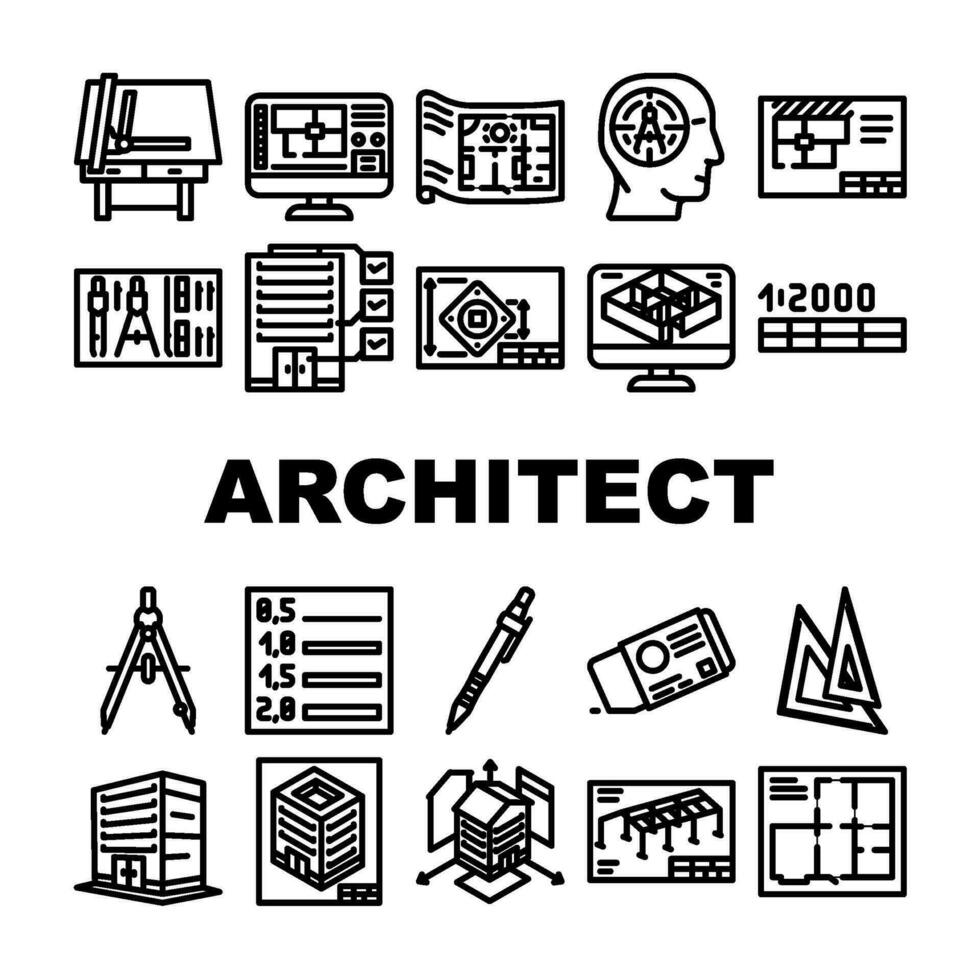 architectural drafter drawing icons set vector