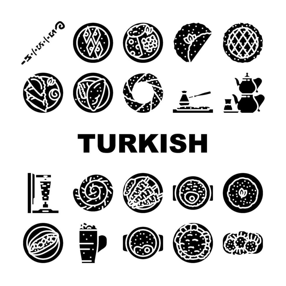 turkish cuisine food dinner icons set vector