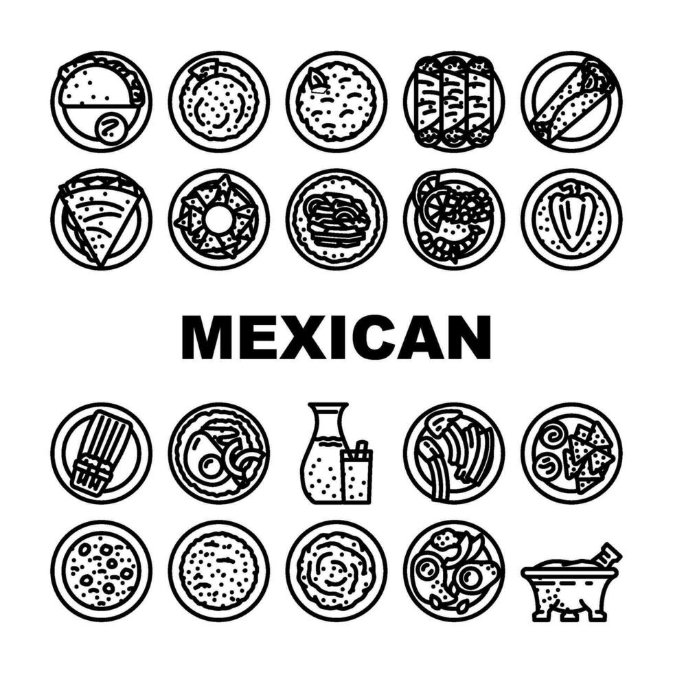 mexican cuisine dinner food icons set vector